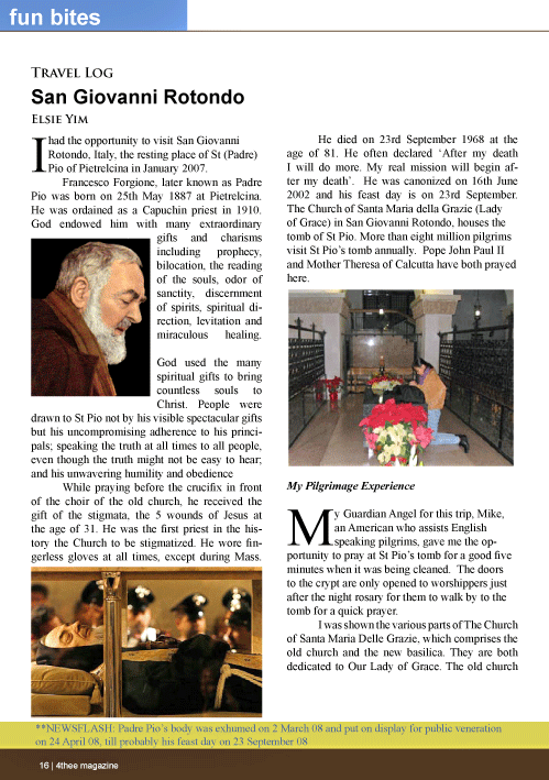 Page 1 of an article on a visit to San giovanni Rotondo